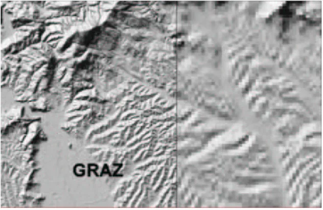 Figure 1. Comparison of the new height model (left side, resolution 1”40625 x 2”34375) and the old height model (right side, resolution 11”25 x 18”75)