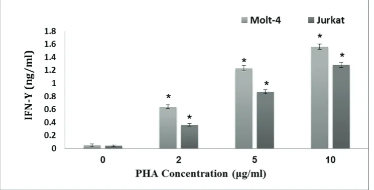 Figure 1: Effect of PHA on IFN-γ secretion by human leukemic Jurkat and Molt-4 T cell lines