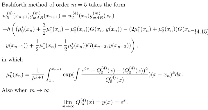 Table 4 shows the numerical results of the three introduced models (4.14),(4.15) and (4.16) for h = 0.01.Also, Figure 4 again shows the priority ofweighted models with respect to the usual Adams-Bashforth method for Ex-ample 4.