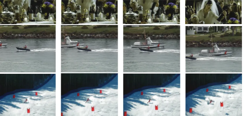 Figure 3: Some frames extracted of sequence 1, sequence 2, and sequence 3, where the reference objects are, respectively, the bottle of wine,the little boat, and the skier.