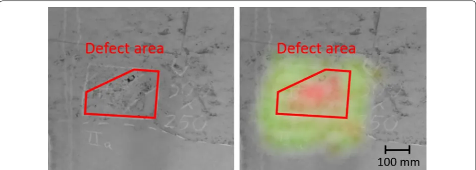 Fig. 14 Results of our proposed method on the field: thethe red frame is the area judged defective by a professional before the experiments and on  right picture our proposed method’s results are shown using a color scale, red for spots distant from the regular model and green for spots close to the regular model
