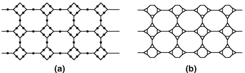Figure 6: (a) Subdivision graph of ������[4,3] of nanotube; (b) line graph of the subdivision graph of ������[4,3] of nanotube