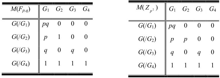 Table 1.(a) The table of marks of group Fp,q and (b) The table of marks of group Zp2.