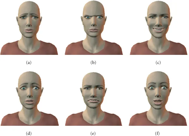 Figure 7: Synthesized archetypal expressions created using the 3D model of the POSER software package: (a) sadness, (b) anger, (c) joy, (d)fear, (e) disgust, and (f) surprise.