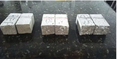Fig. 13. Specimen broken after compression test at day seventh. From left to right: reference marks, displacement marks with 20% and displacement marks 40%, respectively 