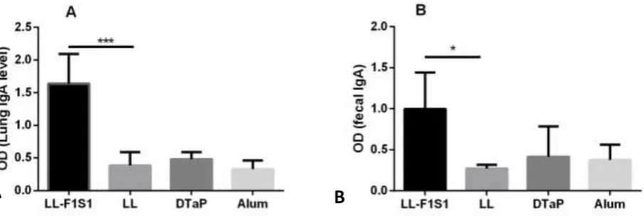 Fig. 4. Evaluation of anti-F1S1 IgA (A) in the lung homogenates and the feces (B) from different groups by ELISA