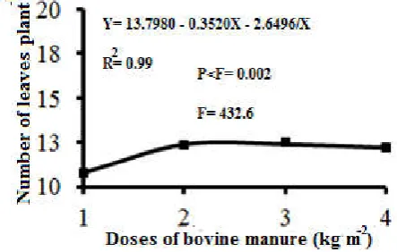 Figure 8. Number of leaves of lettuce under different doses of bovine manure. Pombal-PB, UFCG, 2016  