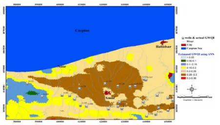 Figure 9. The map of groundwater quality (GWQI)  obtained from ANN and GIS capabilities (the west of study plain)