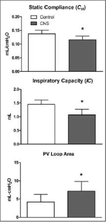 Table 1. Mechanical of respiratory system data of animals exposed to air and CNS. Values are mean ± SD of animals exposed to  