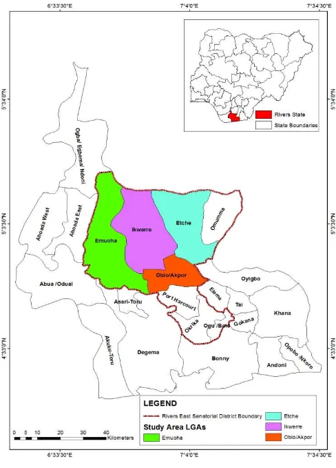 Figure 1. Map showing surveyed Local Government Areas of East Senatorial District, Rivers State 