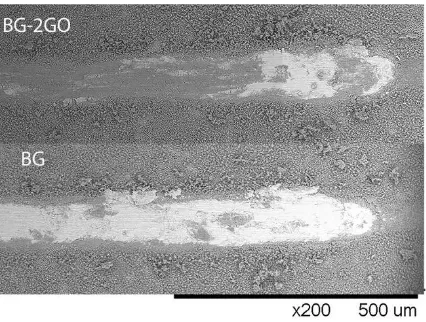 Figure 5. SEM micrographs of scratch grooves for BG and BG-2GO samples 