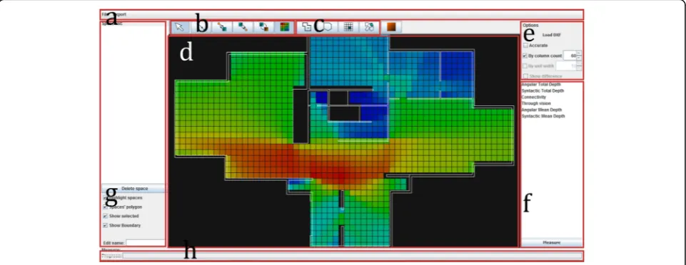 Fig. 5 Viraph’s user interface. a) main menu including file management and export, b) display modes which control the user interaction with thedisplay panel, c) operations (selecting and drawing points and spaces), d) main display panel, e) floor plan and grid options, f) measures andcalculations, g) lists and options of spaces (name of spaces and their visualization options), h) status and progress bars