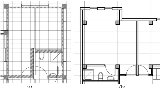 Figure 6: (a) Position of Building Elements on Grid of ACC Building System, (b) Position of Building Elements on Grid of Solfege Building System (Yildirim, 2000)  