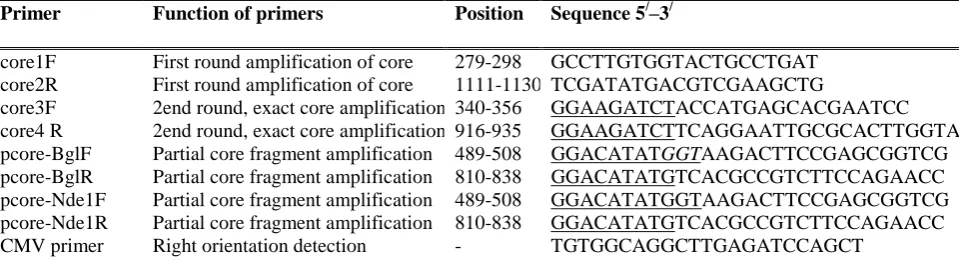 Table 1. The sequences of primers used in this study.  The primers sequences and positions are based on HCV reference sequence strain H77 (GenBank accession number AF009606), underlined sequences demonstrate the modified sequence