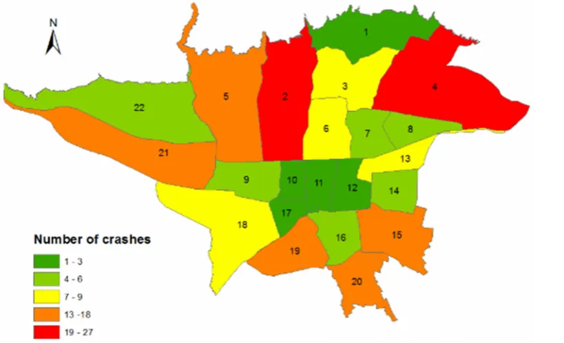 Fig. 2. Mapping of Fatal Crashes Associated with Pedestrians in Tehran and their Position Relative to High-ways and Urban and Interurban Passenger Terminals: 2013-2015