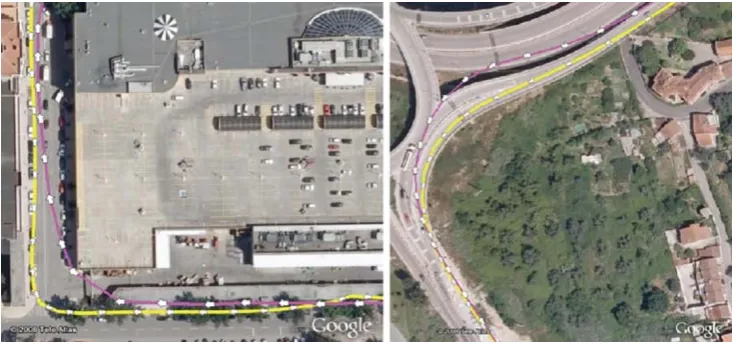 Fig. 4 Matching a new trace.Yellow lines represent theexistent map and arrowsrepresent its direction