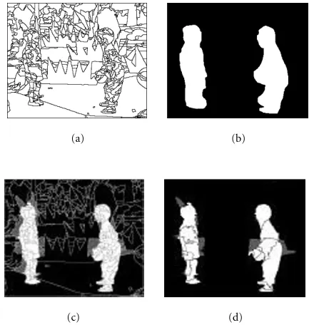 Figure 2: The process of the ﬁrst semantic classiﬁcation. Sequence“Children” frame at t = 3 (a) spatial segmentation, (b) user mask,(c) ﬁrst result of the semantic classiﬁcation, (d) ﬁnal result of themanual semantic classiﬁcation and motion-based merging (blackfor Background, white for the VOPs and grey for Uncertain).