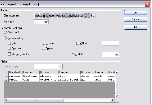 Figure 7: Text Import dialog, with Comma (,) selected as the separator and double quotation mark (“) as the text delimiter.