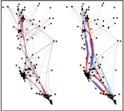 Figure 13: Force-directed (left), Divided Edge-bundling (right) [8]   
