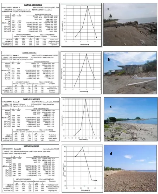 Fig. 2.  The data processing results based on Gradistat software and photos of beach appearance