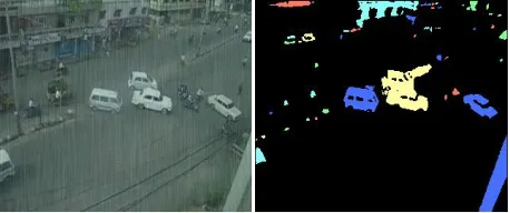 Figure 7(a). The results of the algorithm which removes  the snow streaks from the input image and identified the  moving vehicles