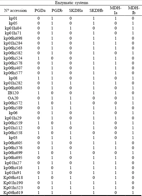 Table 2. Observed phenotypes frequencies after revelation of five enzymatic systems tested with all individuals studied  