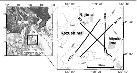 Fig. 1 Study area and seismic reflection survey lines. A total of 250-km-long seismic reflection data were observed in KR00-08 Cruise of RV Kairei of Japan Agency for Marine-Earth Science and Technology (JAMSTEC) from November 21 to 27, 2000