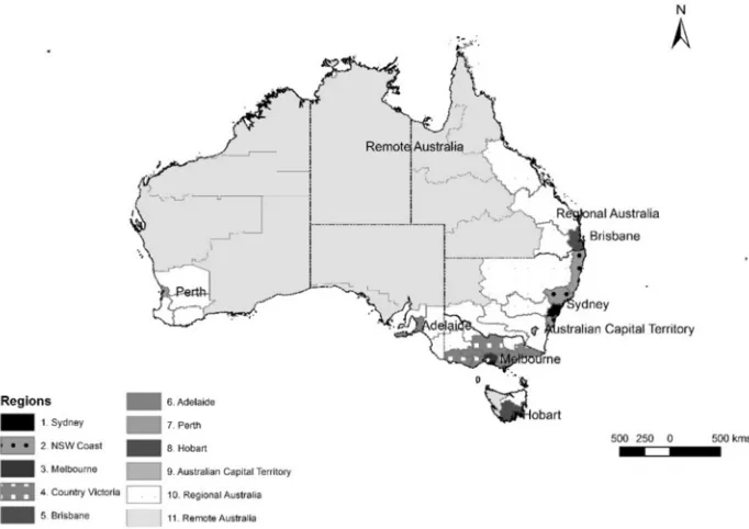 Figure 1: Map of the eleven geographic areas for Australia