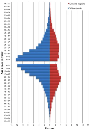 Figure 5:  Male population pyramid by migrant status, 2000 Census (top)and 2010 Census (bottom)