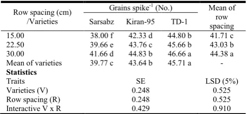 Table 5. Influence of row spacing on grains weight spike-1 (g) of wheat varieties during 2009-10  