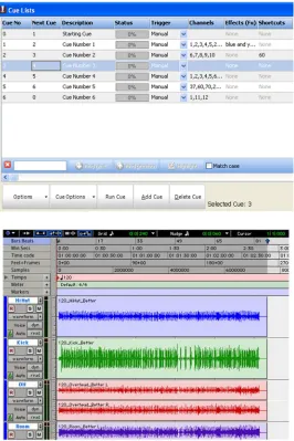 Figure 3: Cue-list based Qlab (above) exhibits a list on events and associated actions; it also defines whether and event is triggered by the computer or by the user