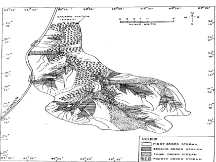 Fig.  2. Drainage Network Map of Kothuwatari Watershed Depicting Designation of Stream Orders   