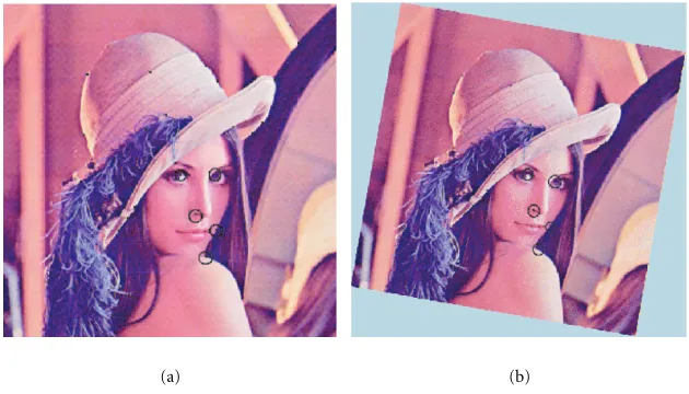 Figure 7: (a) Selected relevant corners using the Harris detector and (b) matched corners using ﬁrst order Hilbert invariants.