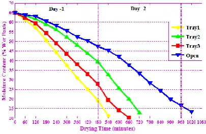 Fig. 13 Decreasing of moisture content for each tray and open sun drying in May  