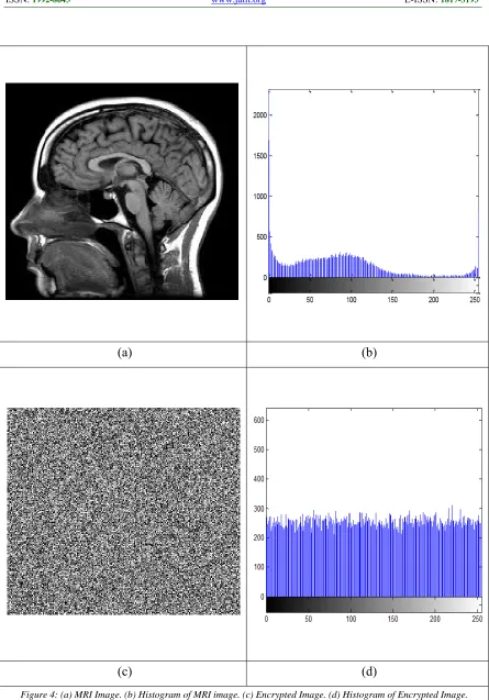 Figure 4: (a) MRI Image. (b) Histogram of MRI image. (c) Encrypted Image. (d) Histogram of Encrypted Image.