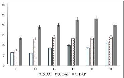 Figure 2: Length of roots is a function of the different levels of nitrogen of radish at 15, 30                    and 45 days after planting  