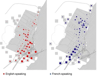 Figure 2: Metalworkers mapped by language group and census division,