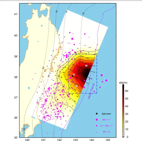 Fig. 6 Preferred slip distribution projected onto the ground surface. The dashed blue rectangle marks the rupture area with slip larger than 30 m