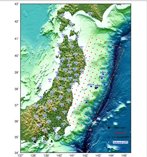 Fig. 1 GPS stations and fault model. Unselected GPS stations are marked as black circles