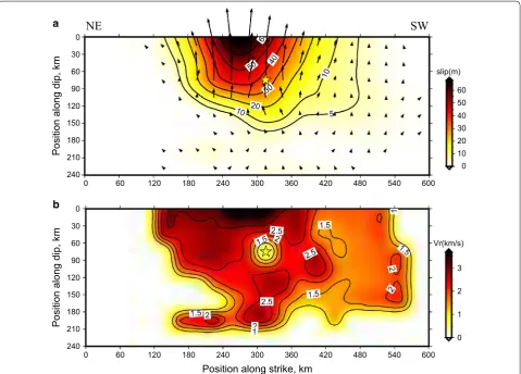 Fig. 5 a Preferred slip distribution, where the slip contours are at 5, 10, 20, 30, 40, 50, and 60 m