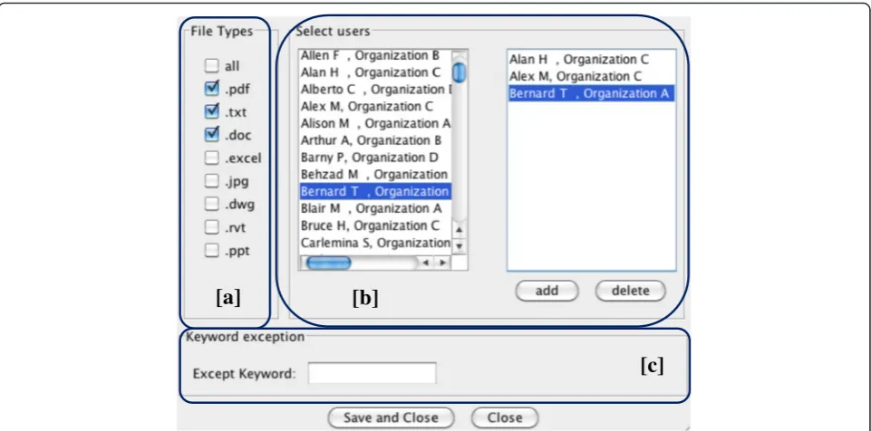 Fig. 3 Advanced filters designed for the construction file archives: (a) File types; (b) User who created the file; (c) Keyword exception
