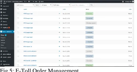 Fig 5: E-Toll Order Management  Fig 5 shows the users complete order details and order 