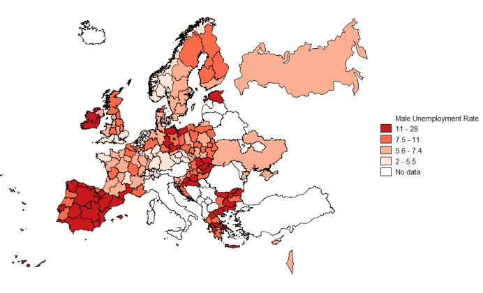 Figure 1: Regional male unemployment rate (2010‒2011), quartiles 