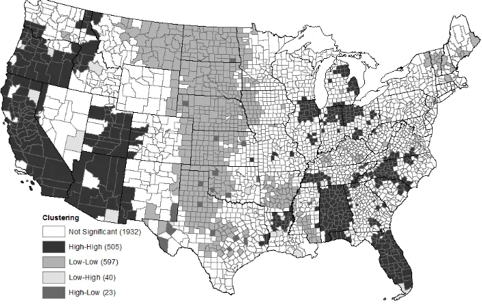 Figure 2: Local Indicator of Spatial Association (LISA) map of county-level recession impact, 2006‒2009 