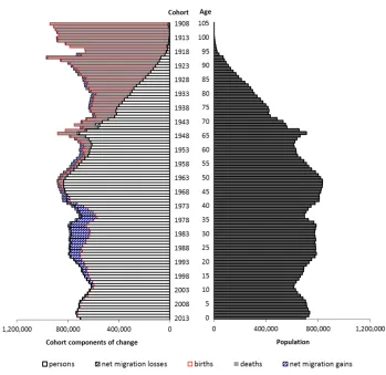 Figure 5: The components-of-change population pyramid for England and Wales, 31 December 2013 