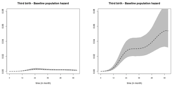 Figure 4: Transition to a third birth. The fitted population hazard function (left) and the fitted hazard function of the susceptible mothers (right) with 95% pointwise credible intervals when all covariates are set at their reference values  