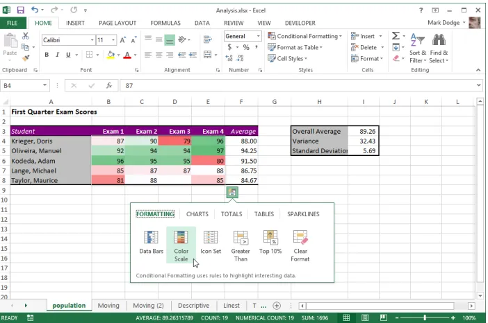 Figure 1-2 Select a range and click the Quick Analysis button to display sets of applicable tools.