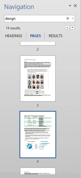 Figure 1-6 When you use the Navigation pane to search for a word or phrase, you can view the results as thumbnail pages (shown here) or as text snippets.