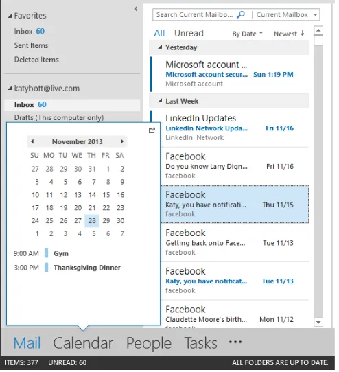 Figure 1-9 Allowing the mouse pointer to hover over Calendar displays this “peek,” where you can scroll through upcoming appointments without leaving Mail.