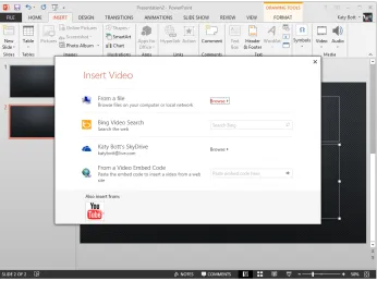 Figure 1-11 New video-editing tools in PowerPoint 2013 allow you to embed clips from online storage, including your SkyDrive account.